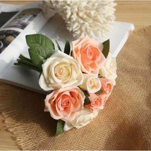 Champagne & Peach Pink Silk Rose Bridal Bouquet Bridesmaids Wedding Flowers
